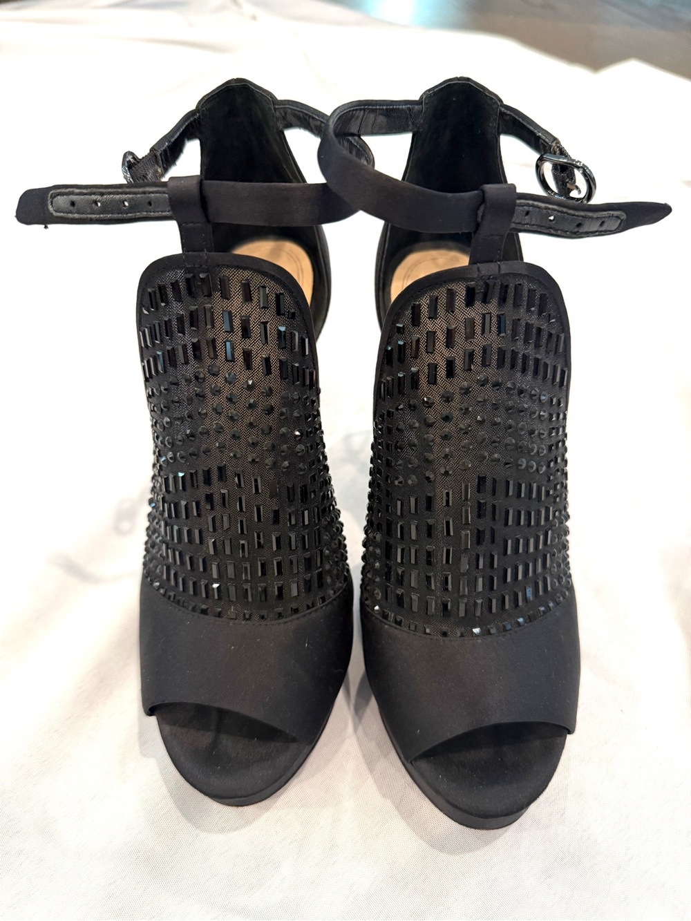 Imagine by Vince Camuto- Black Satin Rhinestone Cage Heels - Sz. 7.5